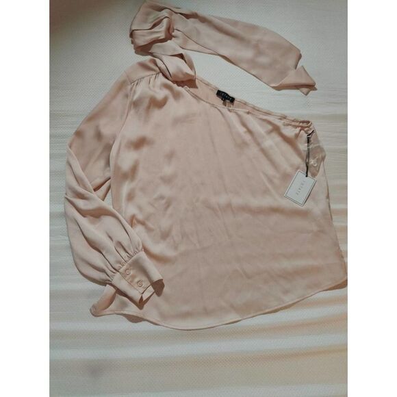 NWT 1. STATE PEACH BLUSH SATIN ONE SHOULDER NECK TIE BLOUSE SIZE LARGE L - Picture 2 of 7